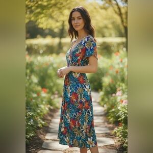 vtg 80s maxi floral dress with button up back and pockets